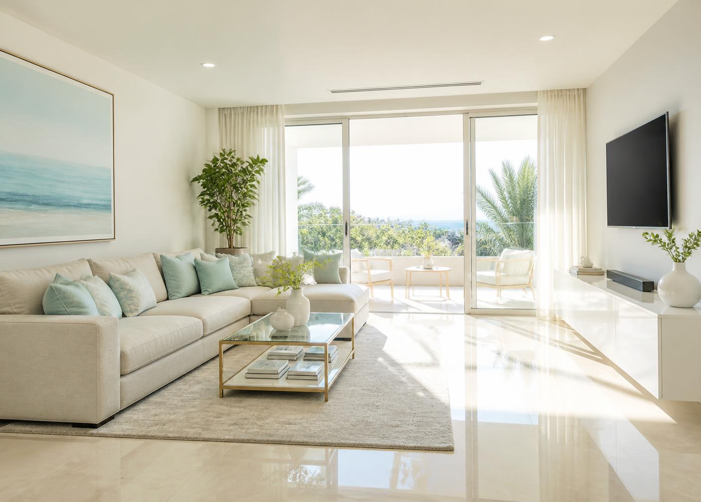 Bright, spotlessly clean living room after a professional cleaning